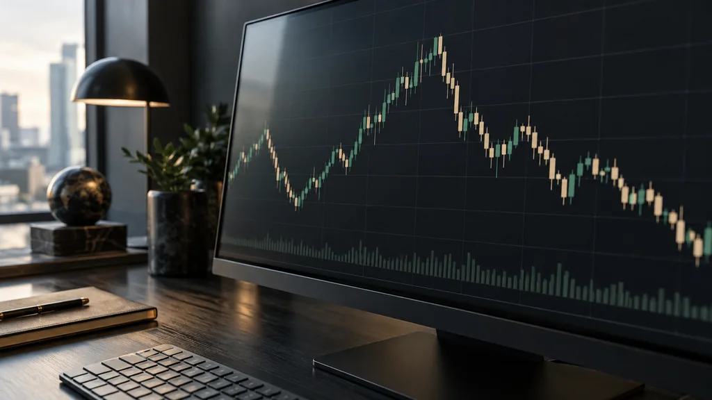 Conceptual market chart with rises, pullbacks and declines on an analysis monitor.