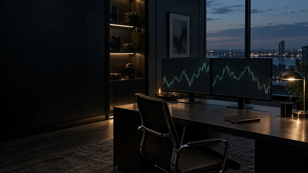 Conceptual study with two monitors, a notebook and views at dusk.