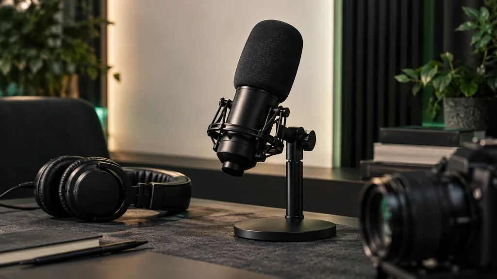 Editorial concept of a microphone, headphones and camera equipment in a quiet recording setting.