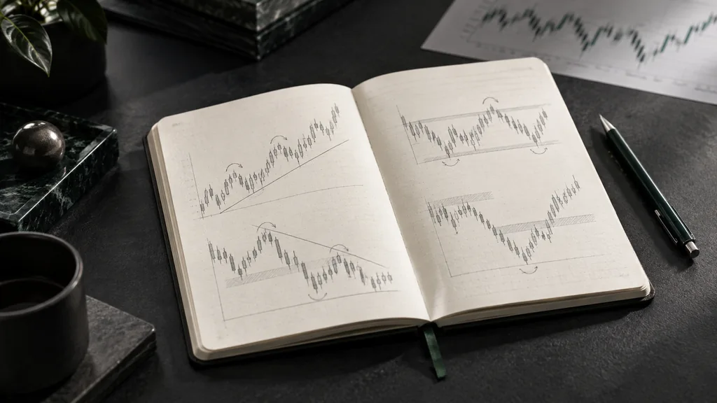 Editorial concept of a study notebook, hand-drawn market diagrams and a pen on a graphite desk.
