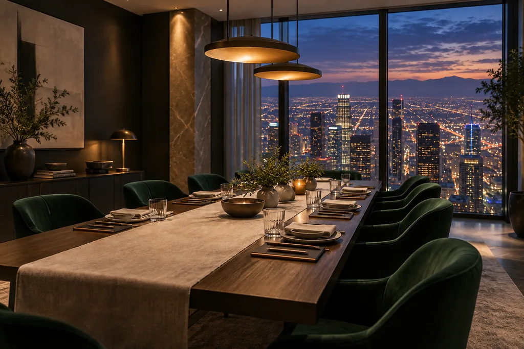 Concept of a private dining room with emerald chairs and a view over Los Angeles from a very high floor at dusk.